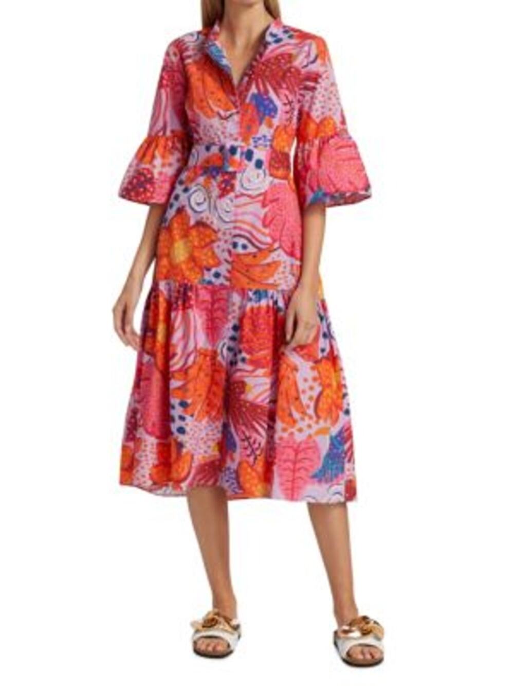 Farm Rio Colorful Botanical Print Purple Midi Belted Cotton Shirt Dress XS